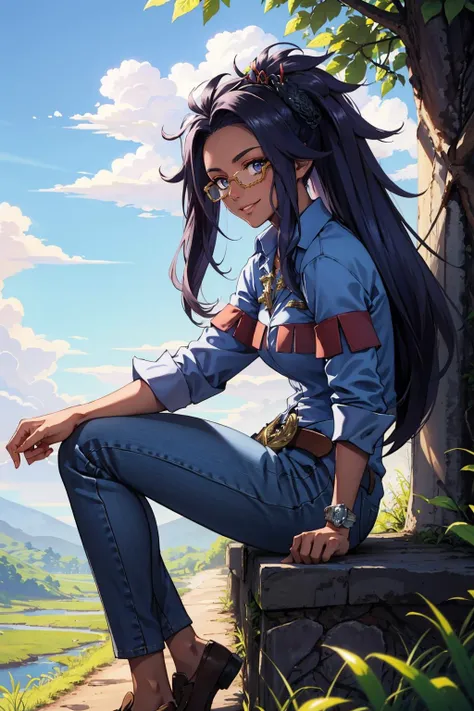 masterpiece, best quality, raifort, glasses, hair ornament, blue shirt, belt, blue pants, shoes, smile, furrowed brow, from side, sky, trail, trees, sitting, looking at viewer <lora:raifort-nvwls-v1-000008:0.9>