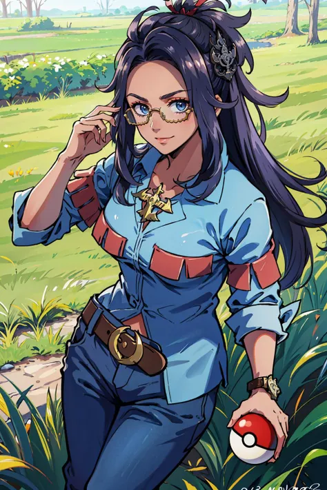 masterpiece, best quality, raifort, glasses, hair ornament, blue shirt, belt, blue pants, cowboy shot, looking at viewer, from above, furrowed brow, smirk, field <lora:raifort-nvwls-v1-000008:0.9>