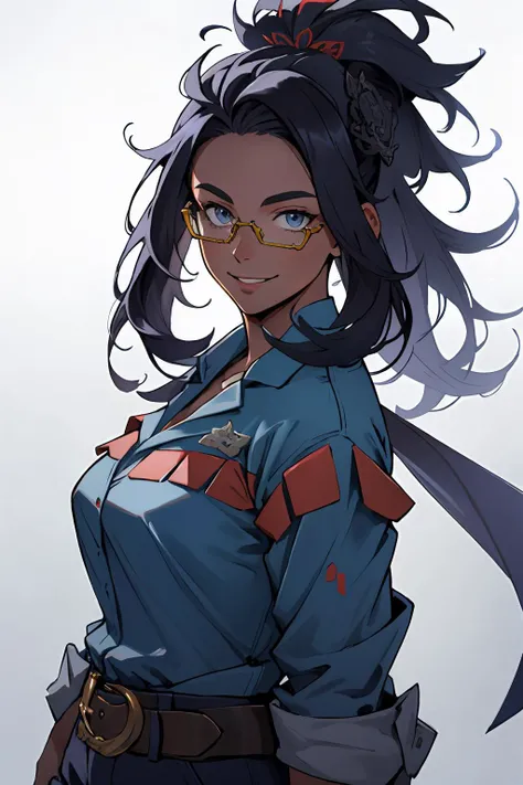 manga illustration, masterpiece, best quality, ultra-detailed, close-up Portrait of beautiful raifort, mature aged, adult, glasses, hair ornament, blue shirt, belt, blue pants, shoes, detailed eyes, looking_at_viewer, standing up, closed_mouth, smile, portrait, standing infront of a pokemon center, volumetric lighting, best quality, masterpiece, intricate details, tonemapping, sharp focus, hyper detailed, trending on Artstation, <lora:raifort-nvwls-v1-final:0.7>