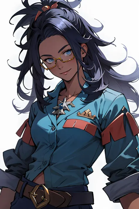 manga illustration, masterpiece, best quality, ultra-detailed, close-up Portrait of beautiful raifort, mature aged, adult, glasses, hair ornament, blue shirt, belt, blue pants, shoes, detailed eyes, looking_at_viewer, standing up, closed_mouth, smile, portrait, pokemon center background, volumetric lighting, best quality, masterpiece, intricate details, tonemapping, sharp focus, hyper detailed, trending on Artstation, <lora:raifort-nvwls-v1-final:0.7>