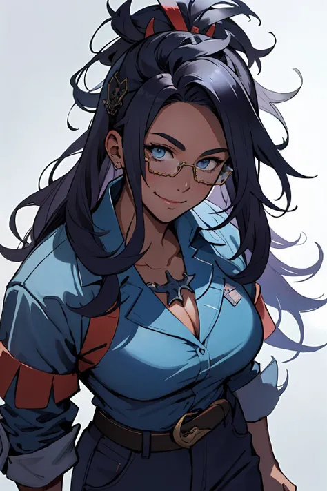 manga illustration, masterpiece, best quality, ultra-detailed, close-up Portrait of beautiful raifort, mature aged, adult, glasses, hair ornament, blue shirt, belt, blue pants, shoes, detailed eyes, looking_at_viewer, standing up, closed_mouth, smile, portrait, pokemon center background, volumetric lighting, best quality, masterpiece, intricate details, tonemapping, sharp focus, hyper detailed, trending on Artstation,  <lora:raifort-nvwls-v1-final:0.7>