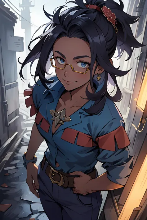 manga illustration, masterpiece, best quality, ultra-detailed, close-up Portrait of beautiful raifort, mature aged, adult, glasses, hair ornament, blue shirt, belt, blue pants, shoes, detailed eyes, looking_at_viewer, standing up, closed_mouth, smile, portrait, pokemon center, volumetric lighting, best quality, masterpiece, intricate details, tonemapping, sharp focus, hyper detailed, trending on Artstation, <lora:raifort-nvwls-v1-final:0.7>