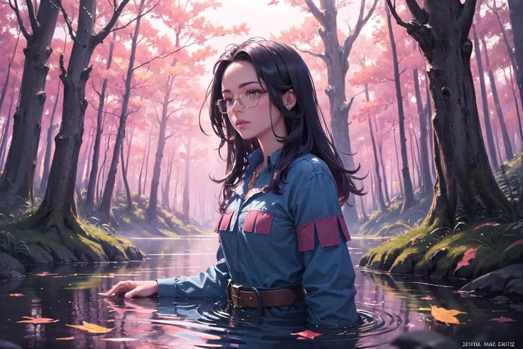 (highly detailed face and eyes:1.3),(upper body:1.3),
<lora:raifort-nvwls-v1:0.6>, raifort, glasses, hair ornament, blue shirt, belt, blue pants, shoes, a beautiful female sitting in a water pond in the middle of (a mystical forest filled with mythical and mystical colorful trees:1.3), (pink trees:1.3), (red trees:1.3), (yellow trees:1.2),crossed legs, from side,leaves falling off of trees flying in the air adding (a beautiful scenery touch to the scene:1.2) making it (mystically beautiful:1.2),
Ultra-detail,(highres:1.1),best quality,(masterpiece:1.3),cinematic lighting,