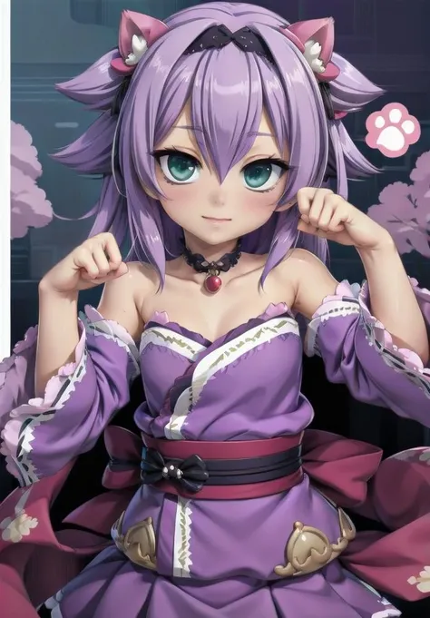 masterpiece, <lora:takigawa_hina_v1-000027:0.7> , takigawa_hina, purple hair, upper body, green eyes, (black hairband:0.9), paw pose,