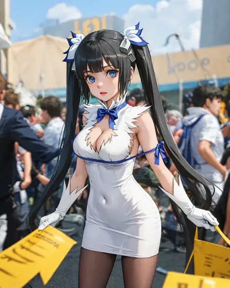full shot, photo of 22yo girl, <lora:hestiaV2:0.8>hestia \(danmachi\), blue eyes, black hair, long hair, twintails, rei no himo, hair ribbon, blue ribbon, white gloves, pencil dress, cleavage cutout, clothing cutout,intricate, pantyhose,leg wears,in comic con,
standing seductively,look at viewer