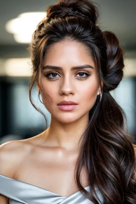 Photograph, sah, detailed face, skin texture, beautiful eyes, long hair, (hair up:1.2), office background, high detail, HD, ultra detailed, ultra realism, field of view, trending on 500px, <lyco:SashaC-RealVision-V1.0:1.0>