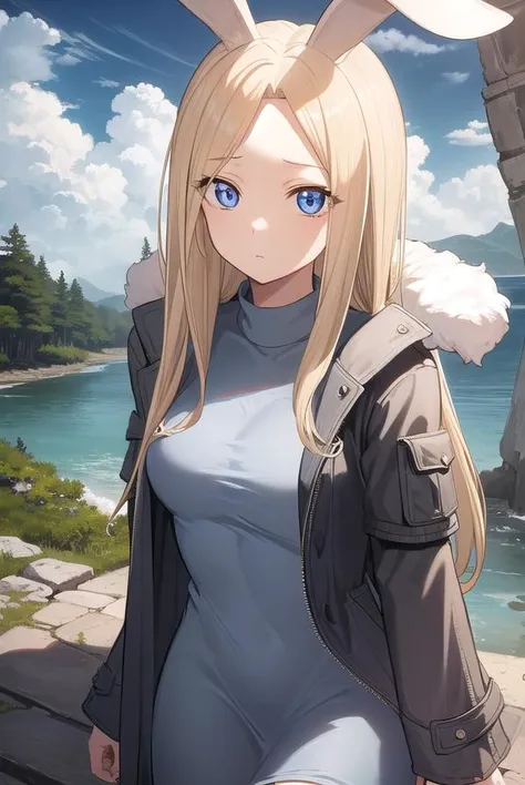 hyejin, <lora:hyejin manhwa-lora-nochekaiser:1>,
hyejin, blonde hair, animal ears, rabbit ears, (parted bangs:1.5), long hair, (forehead:1.2), sidelocks,
BREAK jacket, fur trim, long sleeves, dress, turtleneck,
BREAK outdoors, nature, forest, sky, sun, cloud,
BREAK looking at viewer, (cowboy shot:1.5),
BREAK <lyco:GoodHands-beta2:1>, (masterpiece:1.2), best quality, high resolution, unity 8k wallpaper, (illustration:0.8), (beautiful detailed eyes:1.6), extremely detailed face, perfect lighting, extremely detailed CG, (perfect hands, perfect anatomy),