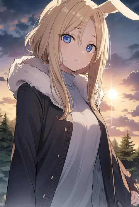 hyejin, <lora:hyejin manhwa-lora-nochekaiser:1>,
hyejin, blonde hair, animal ears, rabbit ears, (parted bangs:1.5), long hair, (forehead:1.2), sidelocks,
BREAK jacket, fur trim, long sleeves, dress, turtleneck,
BREAK outdoors, nature, forest, sky, sun, cloud,
BREAK looking at viewer, (cowboy shot:1.5),
BREAK <lyco:GoodHands-beta2:1>, (masterpiece:1.2), best quality, high resolution, unity 8k wallpaper, (illustration:0.8), (beautiful detailed eyes:1.6), extremely detailed face, perfect lighting, extremely detailed CG, (perfect hands, perfect anatomy),