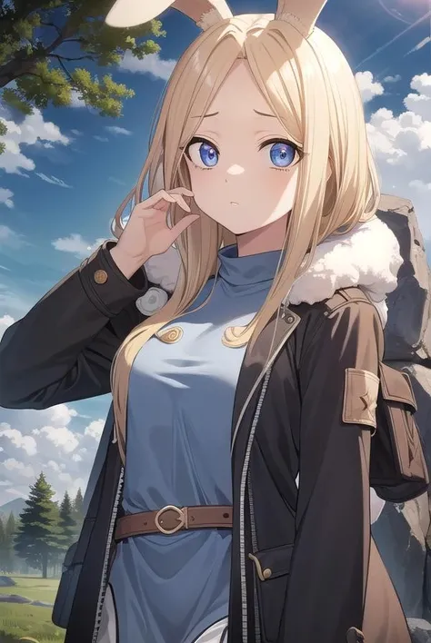 hyejin, <lora:hyejin manhwa-lora-nochekaiser:1>,
hyejin, blonde hair, animal ears, rabbit ears, (parted bangs:1.5), long hair, (forehead:1.2), sidelocks,
BREAK jacket, fur trim, long sleeves, dress, turtleneck,
BREAK outdoors, nature, forest, sky, sun, cloud,
BREAK looking at viewer, (cowboy shot:1.5),
BREAK <lyco:GoodHands-beta2:1>, (masterpiece:1.2), best quality, high resolution, unity 8k wallpaper, (illustration:0.8), (beautiful detailed eyes:1.6), extremely detailed face, perfect lighting, extremely detailed CG, (perfect hands, perfect anatomy),
