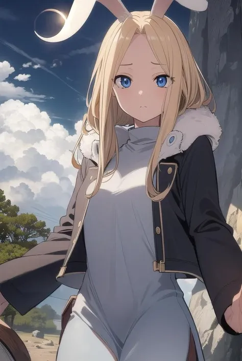 hyejin, <lora:hyejin manhwa-lora-nochekaiser:1>,
hyejin, blonde hair, animal ears, rabbit ears, (parted bangs:1.5), long hair, (forehead:1.2), sidelocks,
BREAK jacket, fur trim, long sleeves, dress, turtleneck,
BREAK outdoors, nature, forest, sky, sun, cloud,
BREAK looking at viewer, (cowboy shot:1.5),
BREAK <lyco:GoodHands-beta2:1>, (masterpiece:1.2), best quality, high resolution, unity 8k wallpaper, (illustration:0.8), (beautiful detailed eyes:1.6), extremely detailed face, perfect lighting, extremely detailed CG, (perfect hands, perfect anatomy),