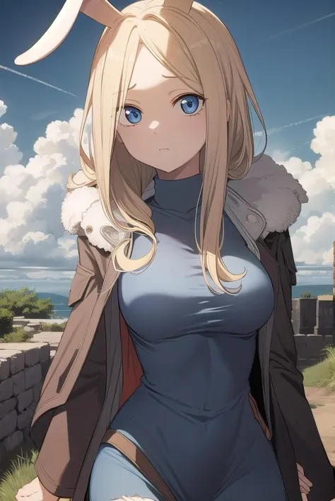 hyejin, <lora:hyejin manhwa-lora-nochekaiser:1>,
hyejin, blonde hair, animal ears, rabbit ears, (parted bangs:1.5), long hair, (forehead:1.2), sidelocks,
BREAK jacket, fur trim, long sleeves, dress, turtleneck,
BREAK outdoors, nature, forest, sky, sun, cloud,
BREAK looking at viewer, (cowboy shot:1.5),
BREAK <lyco:GoodHands-beta2:1>, (masterpiece:1.2), best quality, high resolution, unity 8k wallpaper, (illustration:0.8), (beautiful detailed eyes:1.6), extremely detailed face, perfect lighting, extremely detailed CG, (perfect hands, perfect anatomy),