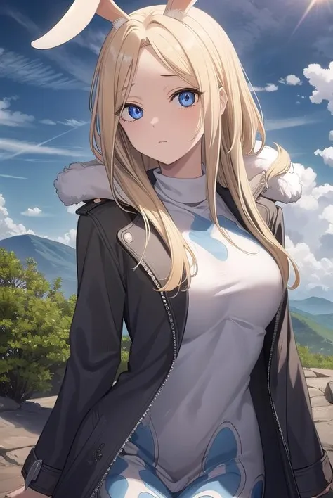 hyejin, <lora:hyejin manhwa-lora-nochekaiser:1>,
hyejin, blonde hair, animal ears, rabbit ears, (parted bangs:1.5), long hair, (forehead:1.2), sidelocks,
BREAK jacket, fur trim, long sleeves, dress, turtleneck,
BREAK outdoors, nature, forest, sky, sun, cloud,
BREAK looking at viewer, (cowboy shot:1.5),
BREAK <lyco:GoodHands-beta2:1>, (masterpiece:1.2), best quality, high resolution, unity 8k wallpaper, (illustration:0.8), (beautiful detailed eyes:1.6), extremely detailed face, perfect lighting, extremely detailed CG, (perfect hands, perfect anatomy),