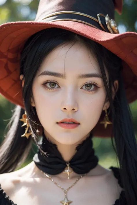 Best quality, masterpiece, ultra high res, (photorealistic:1.4), raw photo, sharp focus, (portrait), facing viewer, 1girl, <lora:mona1:1>, monastarpact, hat,