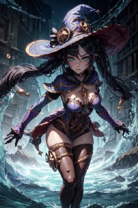 (best quality, masterpiece:1.2), photorealistic, anime. big thick outlines, strong shadows, 1 girl, full body portrait, confident face, small breast, <lora:waterVFX:0.5> whirlwind of water, dungeon, <lora:mona1:1> monadef, witch hat, thigh tights, detailed background, detailed face, <lora:add_detail:0.6>
