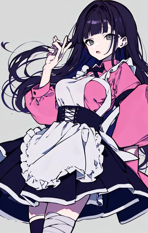 1girl, apron, bandaged_arm, bandaged_hand, bandaged_leg, bandages, bangs, black_hair, blunt_bangs, breasts, cowboy_shot, grey_background, large_breasts, long_hair, looking_at_viewer, medium_breasts, mole, mole_under_eye, parted_lips, pink_shirt, puffy_short_sleeves, puffy_sleeves, purple_hair, shirt, short_sleeves, simple_background, skirt, solo, tsumiki_mikan, very_long_hair, white_apron <lora:style_mochikei:1>