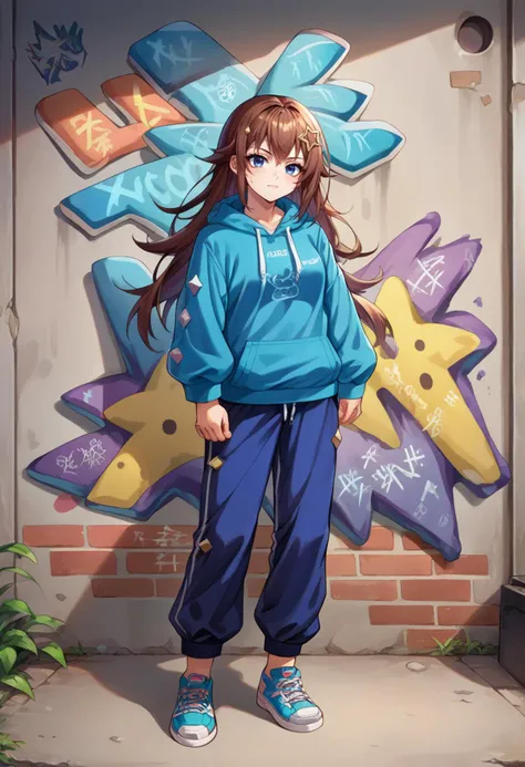 score_9, score_8_up, source_anime, 1girl, solo, TokinoSora, long hair, star hair ornament, blue eyes, urban and street style, graffiti-inspired colors, cool and edgy attire, sweatpants, hoodie, stylish sneakers, fashionable accessories, hip hop jewelry, confident expression, graffiti walls, energetic and vibrant atmosphere, <lora:CHAR-TokinoSoraPonyXL:1>