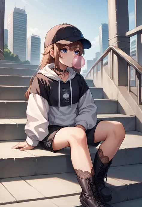 score_9, score_8_up, source_anime, 1girl, solo, SoraStreetwear, long hair, blue eyes, black baseball cap, choker, two-tone hoodie, horizontal stripe, black hoodie, white hoodie, black shorts, lace-up boots, outdoors, sitting, on stairs, city, chewing gum, blowing bubbles, <lora:CHAR-TokinoSoraPonyXL:1>