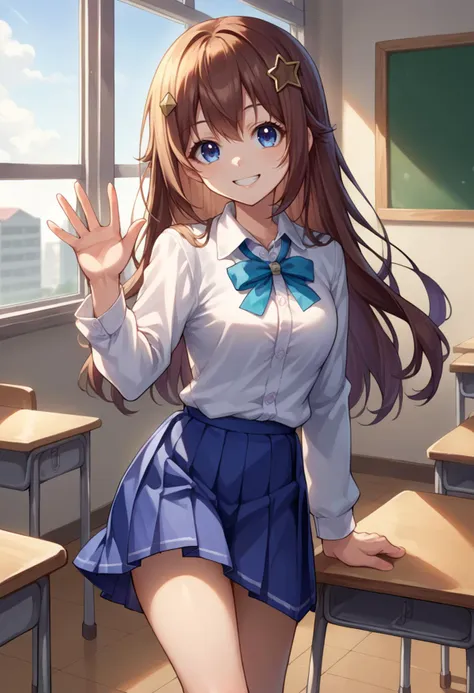 score_9, score_8_up, source_anime, 1girl, solo, TokinoSora, long hair, star hair ornament, blue eyes, classroom, window, school uniform, dress shirt, pleated skirt, waving at viewer, smile, <lora:CHAR-TokinoSoraPonyXL:1>