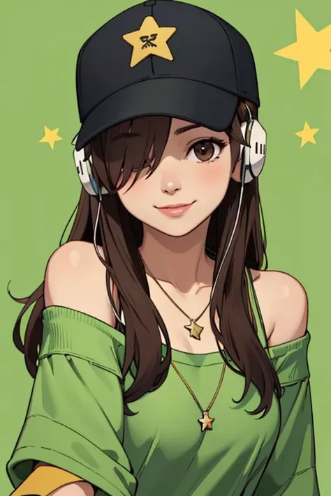 <lora:gaen-izuko-v2:1> gaenizuko, 1girl, solo, hat, long hair, brown hair, brown eyes, headphones, headphones around neck, baseball cap, green shirt, off-shoulder shirt, necklace, hair over one eye, smile, jewelry, off shoulder, bare shoulders, looking at viewer, wristband, star (symbol), hat over one eye, shirt
