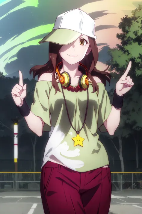 1girl, solo, looking at viewer,
<lora:gaen-izuko-v7:1> gaenizuko, hat, long hair, brown hair, brown eyes, headphones, headphones around neck, baseball cap, shirt, green shirt, off-shoulder shirt, red pants, pants, necklace, smile, jewelry, off shoulder, bare shoulders,wristband, star (symbol), hat over one eye,
cowboy shot, pointing at viewer,
outside, street, trees, street lights,