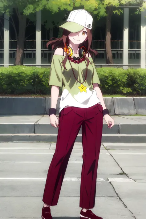 1girl, solo, looking at viewer,
<lora:gaen-izuko-v7:1> gaenizuko, hat, long hair, brown hair, brown eyes, headphones, headphones around neck, baseball cap, shirt, green shirt, off-shoulder shirt, red pants, pants, necklace, smile, jewelry, off shoulder, bare shoulders,wristband, star (symbol), hat over one eye,
portrait