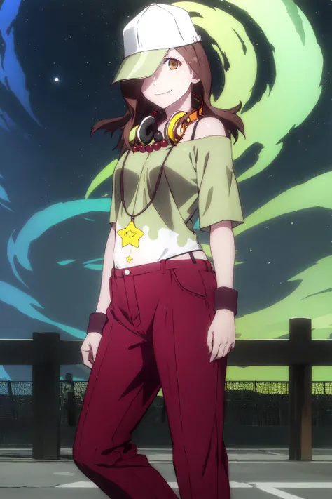 1girl, solo, looking at viewer,
<lora:gaen-izuko-v7:1> gaenizuko, medium breasts, hat, long hair, brown hair, brown eyes, headphones, headphones around neck, baseball cap, shirt, green shirt, off-shoulder shirt, red pants, pants, necklace, smile, jewelry, off shoulder, bare shoulders,wristband, star (symbol), hat over one eye,
portrait, upper body,
night, dim lighting, street lamps, moon, night sky