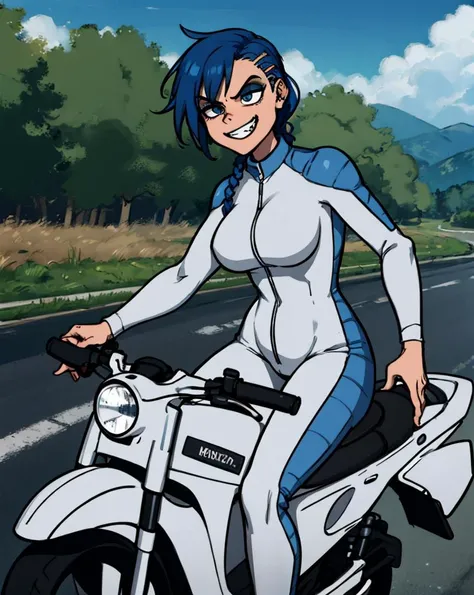 (nsfw:0.85), (4k, fine detail, masterpiece, high quality eyes, high detail painting, soft shadows, best character art:1.2), 1 girl, solo girl, medium breasts,half nude, open clothes, annaml,blue hair, long hair, braid, single braid, bodysuit, grin, angry, piercing, parody, short hair ,driving, motor vehicle, motorcycle, on motorcycle,  riding, road, shadow,  sticker, tire <lora:annaml:0.6>