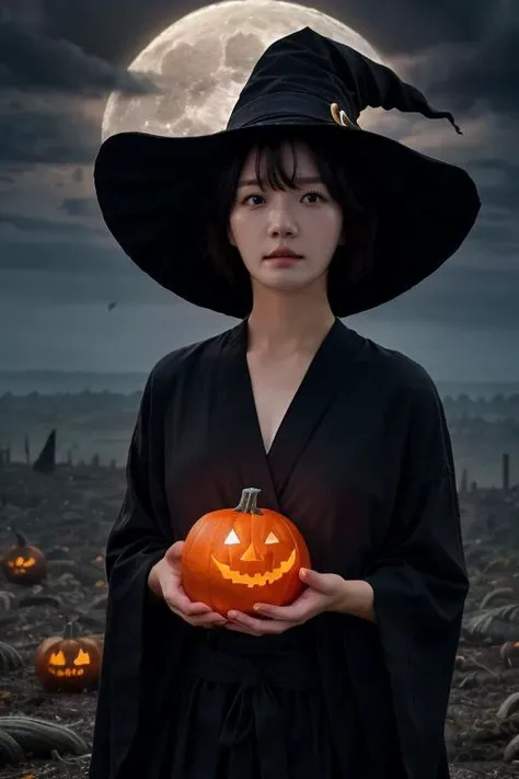 1girl, solo, 4k HDR, realistic, ultra detailed, natural lighting, wearing a witch outfit with short hair, halloween theme background with gloomy pumpkin glowing in the dark and full moon, scattered cloud, asymmetrical short hair, black hair, (detailed face), (detailed background :1.1), upper body, wearing witch hat, black shirt under magic pattern robe,