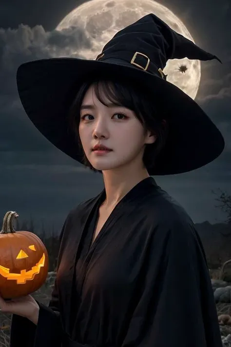 1girl, solo, 4k HDR, realistic, ultra detailed, natural lighting, wearing a witch outfit with short hair, halloween theme background with gloomy pumpkin glowing in the dark and full moon, scattered cloud, asymmetrical short hair, black hair, (detailed face), (detailed background :1.1), upper body, wearing witch hat, black shirt under magic pattern robe,