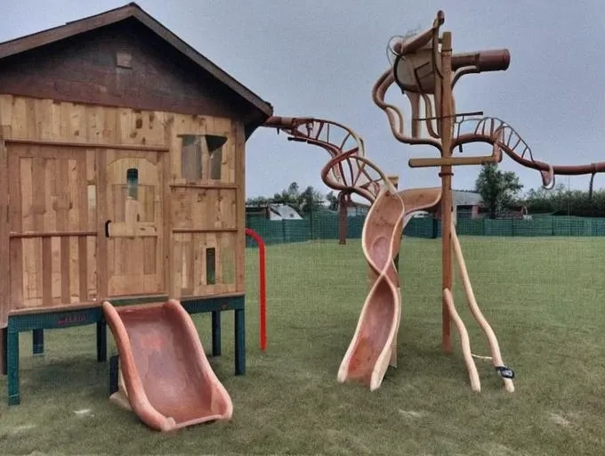 strange and creepy (wooden (character)) on the kids playground, (weirdcore)