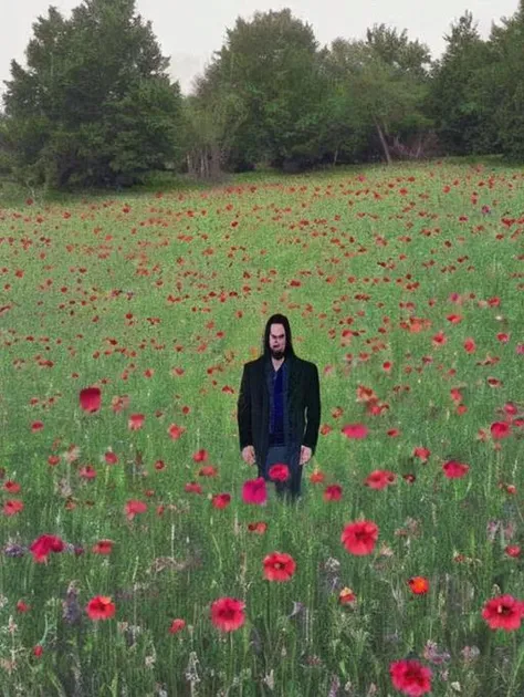 (((weirdcore))), keanu reeves standing in a medow full of beautiful flowers (((weirdcore)))