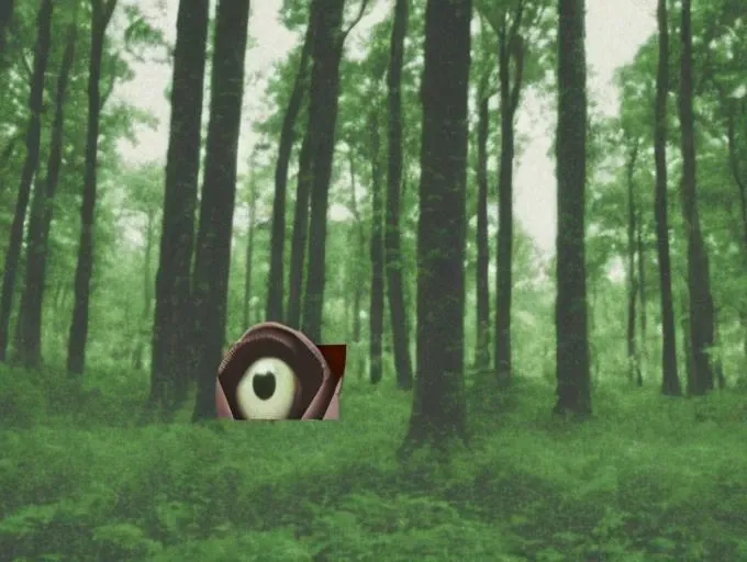 strange and creepy (wooden (character)), in front of backdrop of the forest, eyes flying (((weirdcore)))