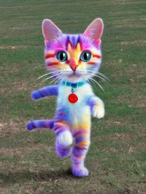 a cute colorful chibi skeleton cat running toward the viewer, bokeh blur background, insanely intricate details, breathtaking natures art work, ((weirdcore))