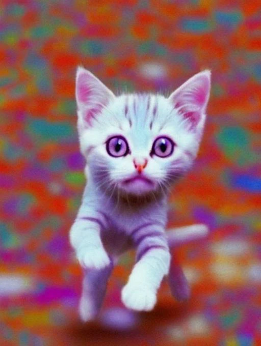 a cute colorful chibi skeleton cat running toward the viewer, bokeh blur background, insanely intricate details, breathtaking natures art work, (((weirdcore)))