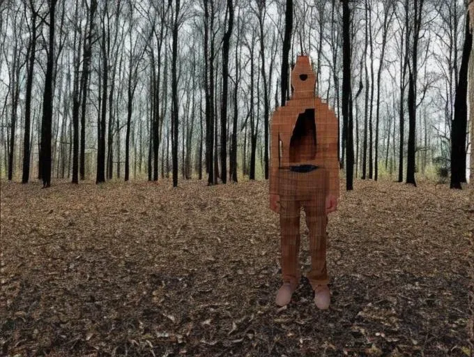 strange and creepy (wooden (character)), in front of backdrop of the forest, (((weirdcore)))