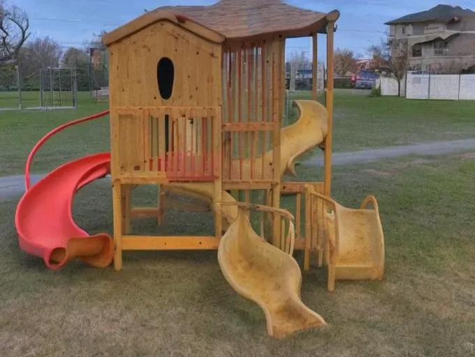 strange and creepy (wooden sculpture character) on the kids playground, (weirdcore)