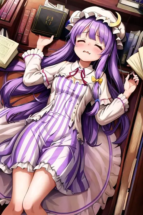 masterpiece, best quality,ultra detail, <lora:anmnr01:0.3> <lora:add_detail:0.5>,<lora:GoodHands-vanilla:0.8>,1girl, patchouli_knowledge_touhou <lora:patchouli_knowledge_touhou:0.7>,library,bookshelf,lying down,cinematic angle,book,dameged,bump,charred black,close eyes,wavy mouth,panicking