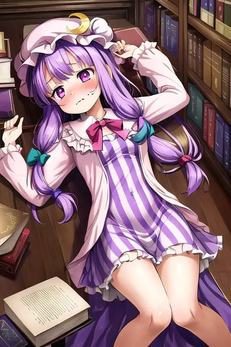 masterpiece, best quality,ultra detail, <lora:anmnr01:0.3> <lora:add_detail:0.5>,<lora:GoodHands-vanilla:0.8>,1girl, patchouli_knowledge_touhou <lora:patchouli_knowledge_touhou:0.7>,library,bookshelf,lying down,cinematic angle,book,dameged,bump,charred black,wavy mouth,panicking,tear,knocked out