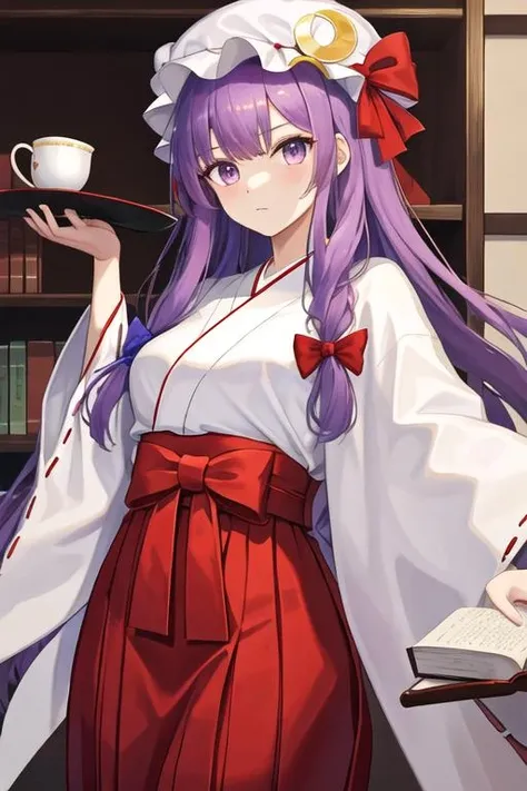 best quality, masterpiece, highres, solo, {white kimono:1.35}, {red hakama:1.35}, {wide sleeves:1.20}, {patchouli_knowledge_touhou:1.15}, long_hair, purple_hair, crescent, purple_eyes, ribbon, hat, bow, bangs, mob_cap, hat_ornament, crescent_hat_ornament, hair_bow, red_bow, blue_bow, upper_body, book, red_ribbon, capelet, hat_ribbon, striped, very_long_hair