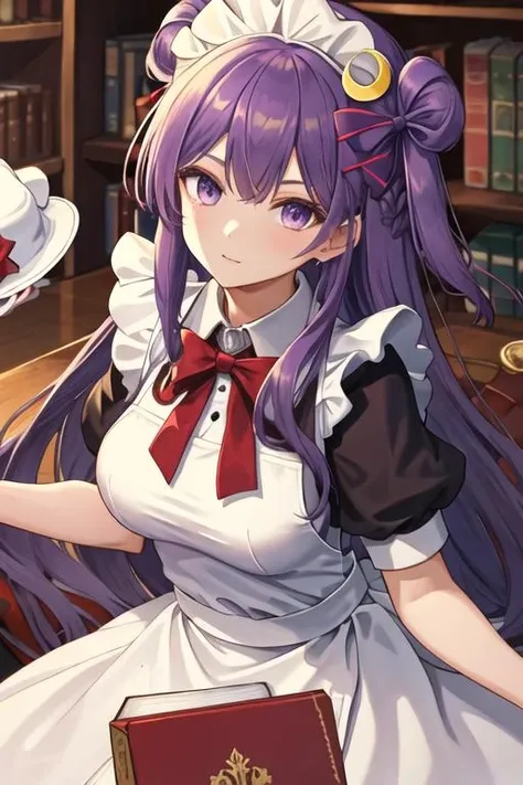 best quality, masterpiece, highres, solo, {maid:1.40}, {long maid dress:1.15}, {patchouli_knowledge_touhou:1.15}, long_hair, purple_hair, crescent, purple_eyes, ribbon, hat, bow, bangs, mob_cap, hat_ornament, crescent_hat_ornament, hair_bow, red_bow, blue_bow, upper_body, book, red_ribbon, capelet, hat_ribbon, striped, very_long_hair