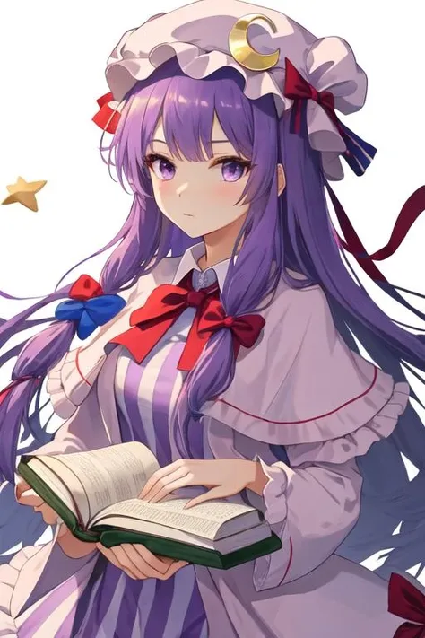 best quality, masterpiece, highres, solo, {patchouli_knowledge_touhou:1.15}, long_hair, purple_hair, crescent, purple_eyes, ribbon, hat, bow, bangs, mob_cap, hat_ornament, crescent_hat_ornament, hair_bow, red_bow, blue_bow, upper_body, book, red_ribbon, capelet, hat_ribbon, striped, very_long_hair
