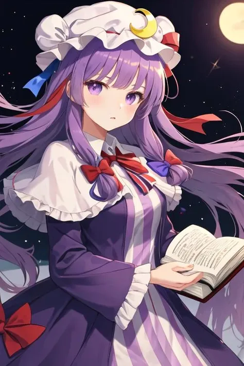 best quality, masterpiece, highres, solo, {patchouli_knowledge_touhou:1.15}, long_hair, purple_hair, crescent, purple_eyes, ribbon, hat, bow, bangs, mob_cap, hat_ornament, crescent_hat_ornament, hair_bow, red_bow, blue_bow, upper_body, book, red_ribbon, capelet, hat_ribbon, striped, very_long_hair, 1girl, closed_mouth, dress, holding, holding_book, long_sleeves, looking_at_viewer, blue_ribbon, striped_dress, purple_dress, vertical_stripes, wide_sleeves, vertical-striped_dress, frilled_sleeves
