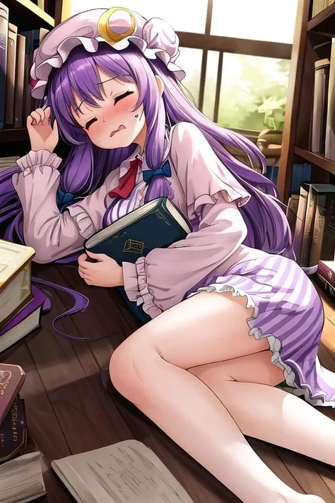 masterpiece, best quality,ultra detail, <lora:anmnr01:0.3> <lora:add_detail:0.5>,<lora:GoodHands-vanilla:0.8>,1girl, patchouli_knowledge_touhou <lora:patchouli_knowledge_touhou:0.7>,library,bookshelf,lying down,cinematic angle,book,dameged,bump,charred black,close eyes,wavy mouth,panicking