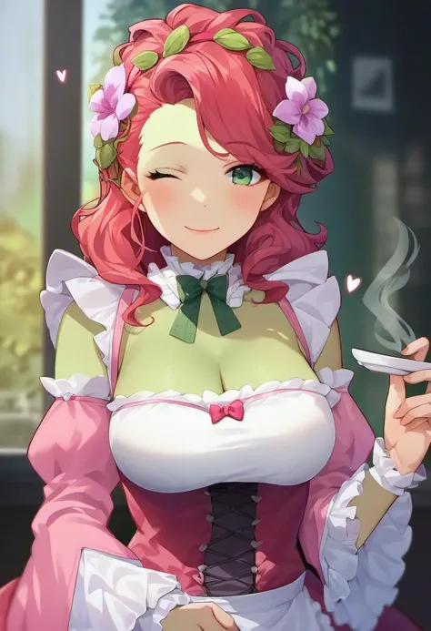 source_anime, rating_safe, <lora:PossumMachine_XL_Pony:1> by possummachine, Poison Ivy from Batman, large breasts, 1girl, solo, hair flower, heart, looking at viewer, blush, detached sleeves, hairband, wink, breasts, smile, frills, serving coffee to a customer at a cafe, frilled sleeves, detached collar, pink maid outfit, upper body, hair ornament, score_9, score_8_up, score_7_up, score_6_up, score_5_up, score_4_up