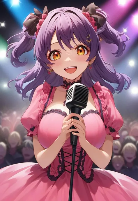 source_anime, rating_safe, <lora:PossumMachine_XL_Pony:1> by possummachine, demon girl, large breasts, 1girl, solo, holding microphone, dress, heart, looking at viewer, breasts, smile, two side up, idol, open mouth, short sleeves, upper body, hair ornament, on stage in front of a massive crowd, puffy sleeves, pink dress, <lora:EnvyZoomSliderXL01:-1>, score_9, score_8_up, score_7_up, score_6_up, score_5_up, score_4_up