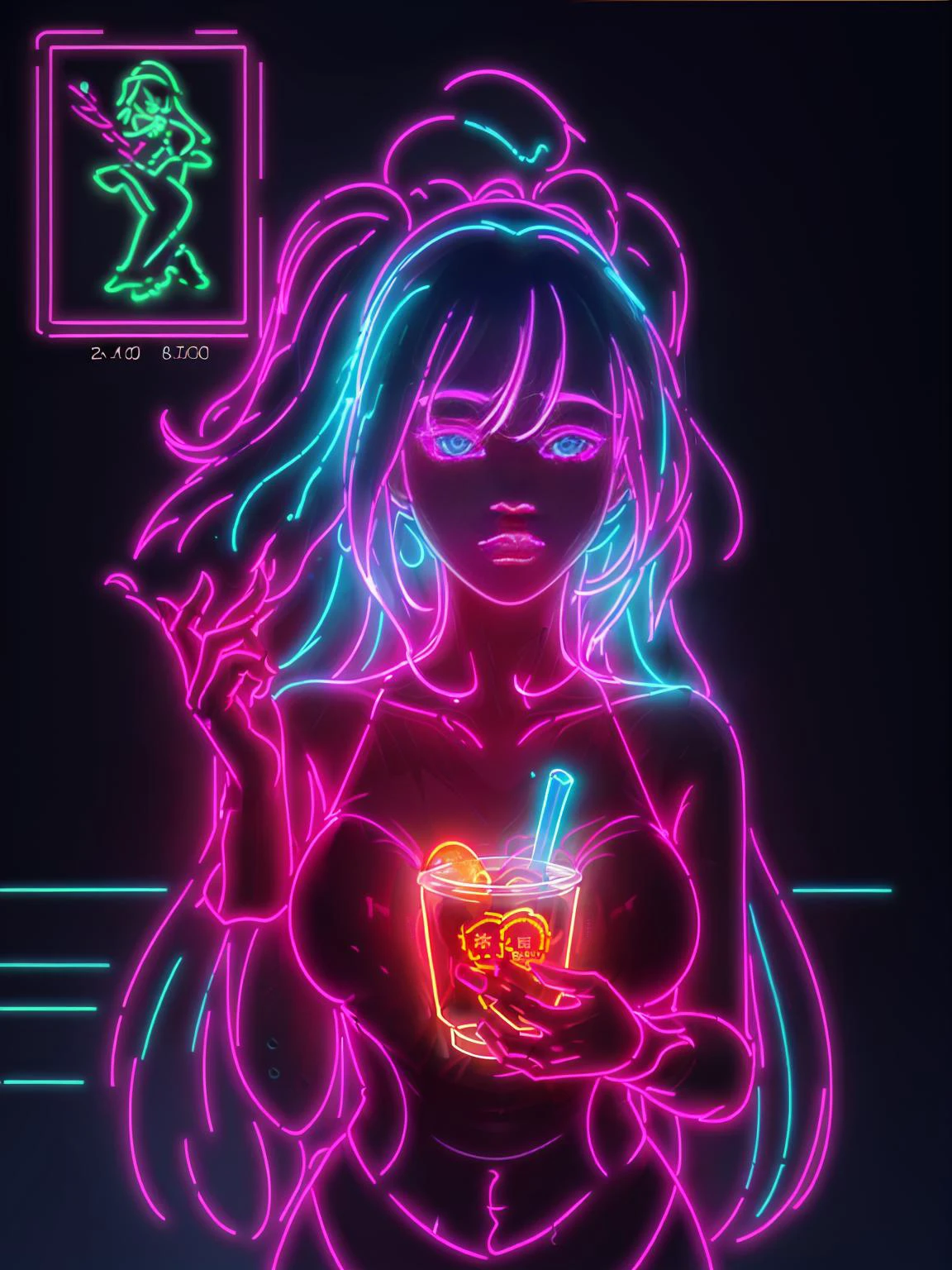sfw, neonlight\(ttp\), neon light,Upper body, portrait, (8k, RAW photo, best quality, masterpiece:1.2), (photo-realistic:1.37), 1 girl lay in a giant cup, <lora:neonlight_V1_loha_upload:0.7>, beautiful skin,