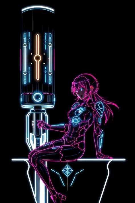 neonlight\(ttp\), A holographic device projects an image of a girl wearing a powered armor suit on the table with a pedestal, The girl is happily talking with a lively facial expression. The background is pitch black. Make sure to emphasize the girl's powered armor design and maintain a strong contrast between the holographic effect and the black background. , (transparent body:1.25), transparent face, <lora:neonlight_V1_loha_upload:0.6>