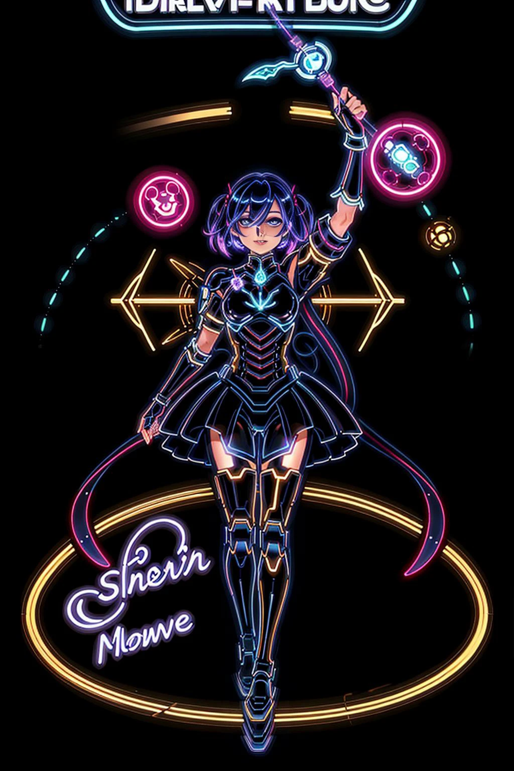 neonlight\(ttp\), A holographic device projects an image of a girl wearing a powered armor suit on the table with a pedestal, The girl is happily talking with a lively facial expression. The background is pitch black. Make sure to emphasize the girl's powered armor design and maintain a strong contrast between the holographic effect and the black background. , (transparent body:1.25), transparent face, <lora:neonlight_V1_loha_upload:0.6>