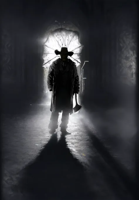 Photo-realistic high resolution photography of  <lora:cr33p3rsng:1.0> long distance shot, in the darkness of the night, silhoutte of the cr33p3rsng horror monster in a dirty weathered trenchcoat and a (large hat:1.2), standing eeriely in a dark doorway, dim light from behind him, a long shadow stretching before him, (holding a large baroque axe:1.4), bokeh, LDSR, Depth of Field, OverallDetail
