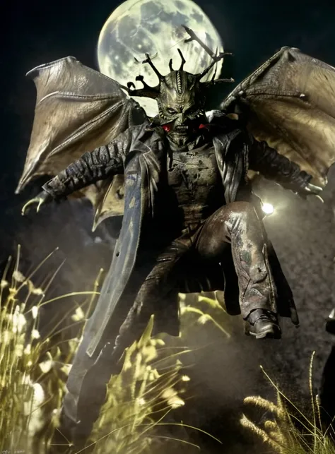 Photo-realistic high resolution photography of <lora:cr33p3rsng:1.0> in the darkness of the night, realistic cr33p3rsng horror monster levitating in the air with great open bat wings, a massive full moon in the sky behind him, dirty weathered trenchcoat, large hat, holding a big axe in hand, bokeh, LDSR, Depth of Field, OverallDetail